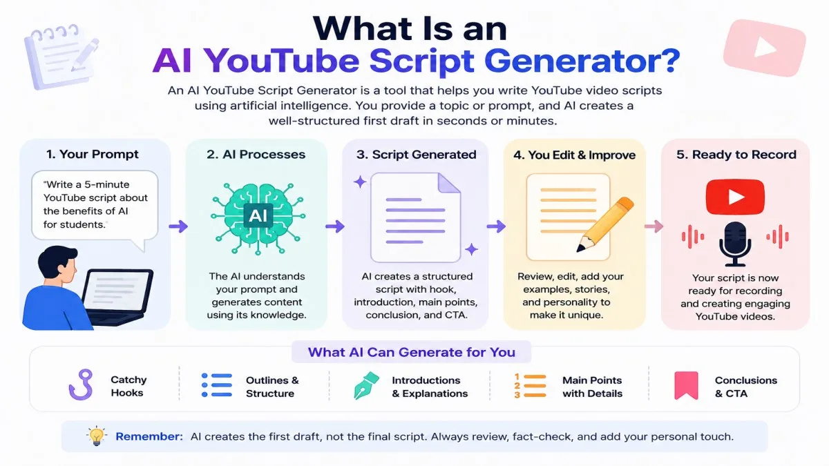 AI YouTube script generator workflow showing how a prompt becomes a complete YouTube video script using AI tools | UseAiLearn