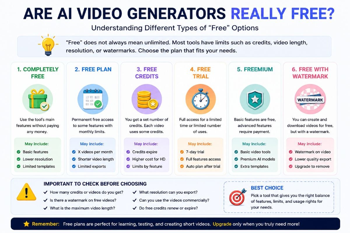 Different types of free AI video generators including free plans, credits, trials, freemium tools, and watermarked videos | UseAiLearn