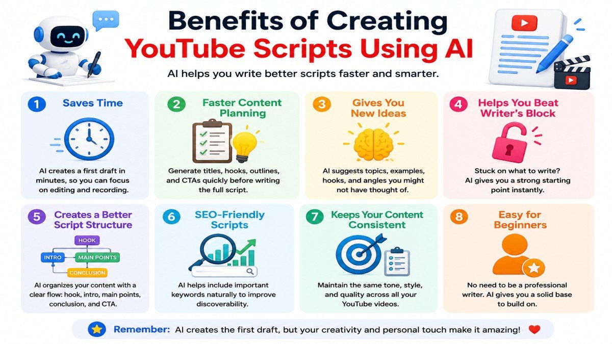 Benefits of creating YouTube scripts using AI tools including time saving, better ideas, and improved script writing | UseAiLearn