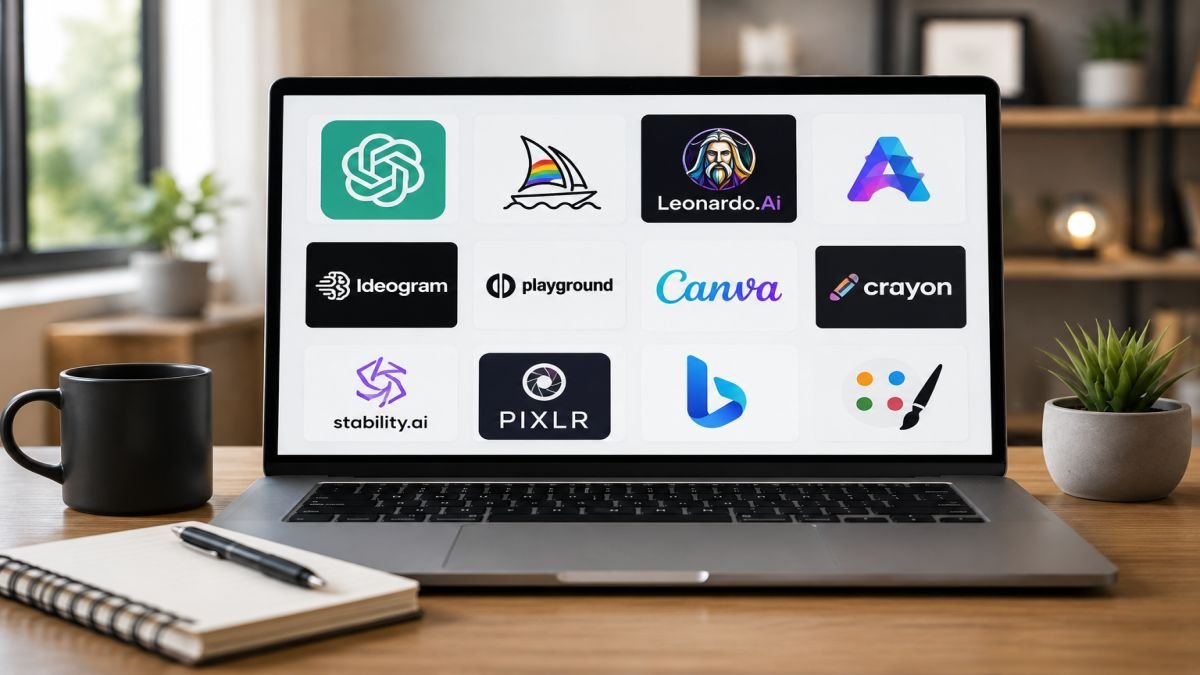 Laptop displaying popular AI image generator tools on a modern workspace with a notebook, coffee mug, and plant. | UseAiLearn