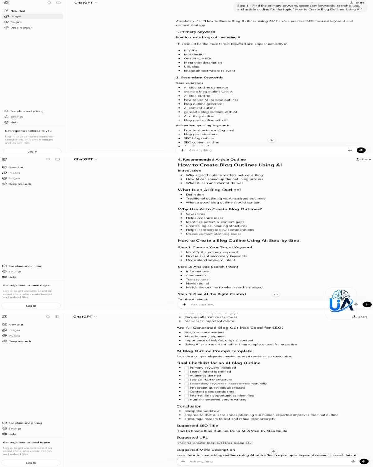 ChatGPT creating a blog outline from a topic, keyword, audience, and search intent | UseAiLearn