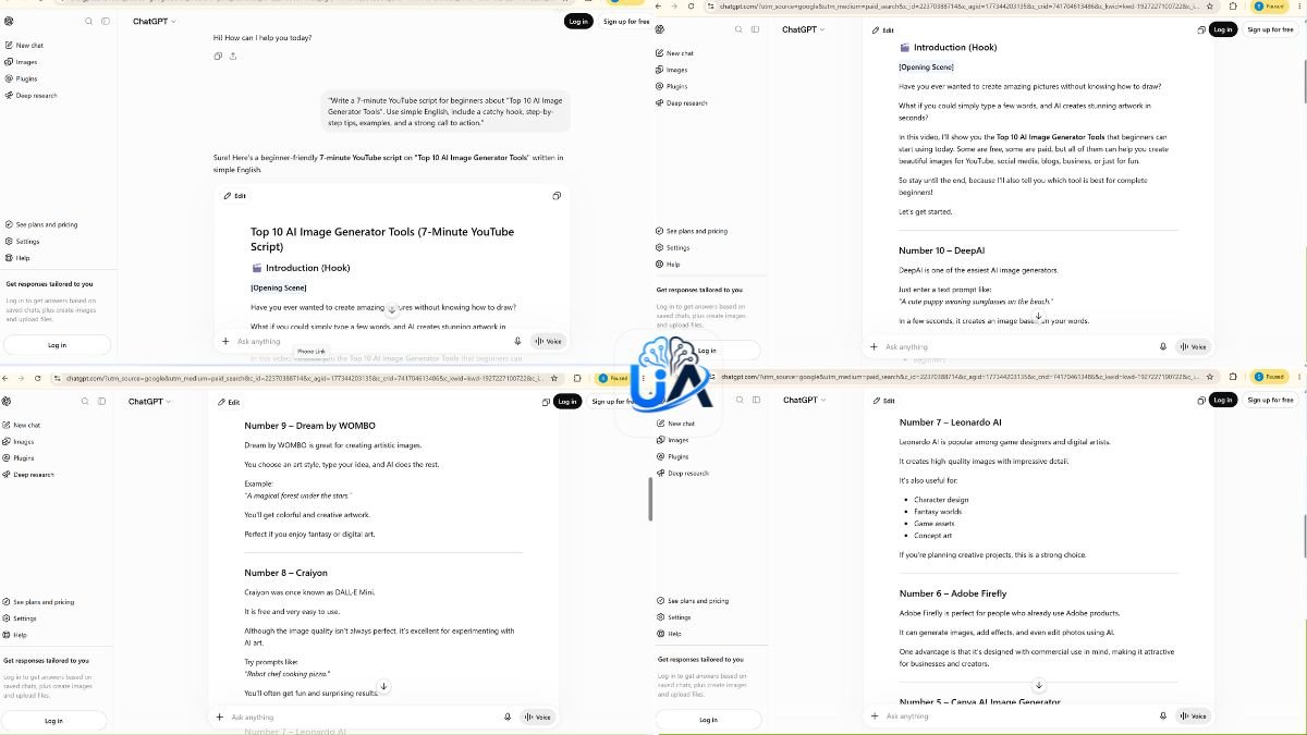 ChatGPT generating a YouTube script from an AI prompt with step-by-step script writing example | UseAiLearn