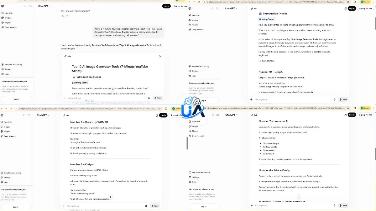 ChatGPT generating a YouTube script from an AI prompt with step-by-step script writing example | UseAiLearn