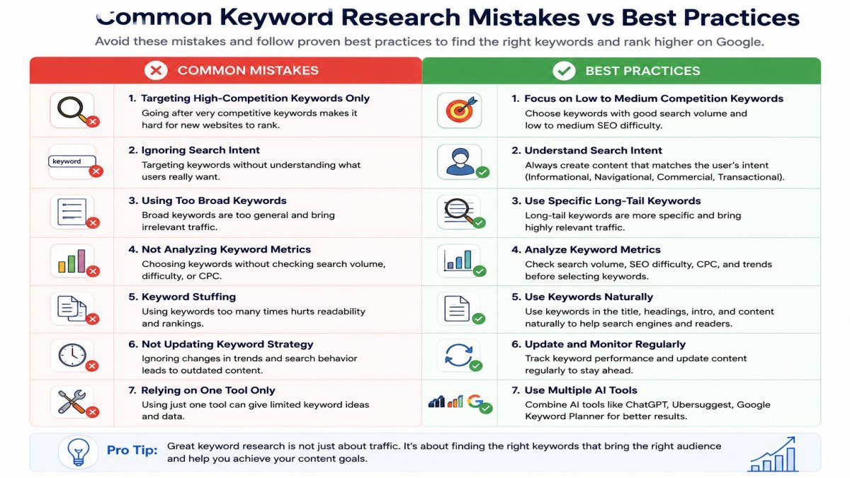 Common keyword research mistakes vs best practices infographic showing SEO tips, keyword strategy comparison, search intent, long-tail keywords, and AI keyword research workflow. | UseAiLearn