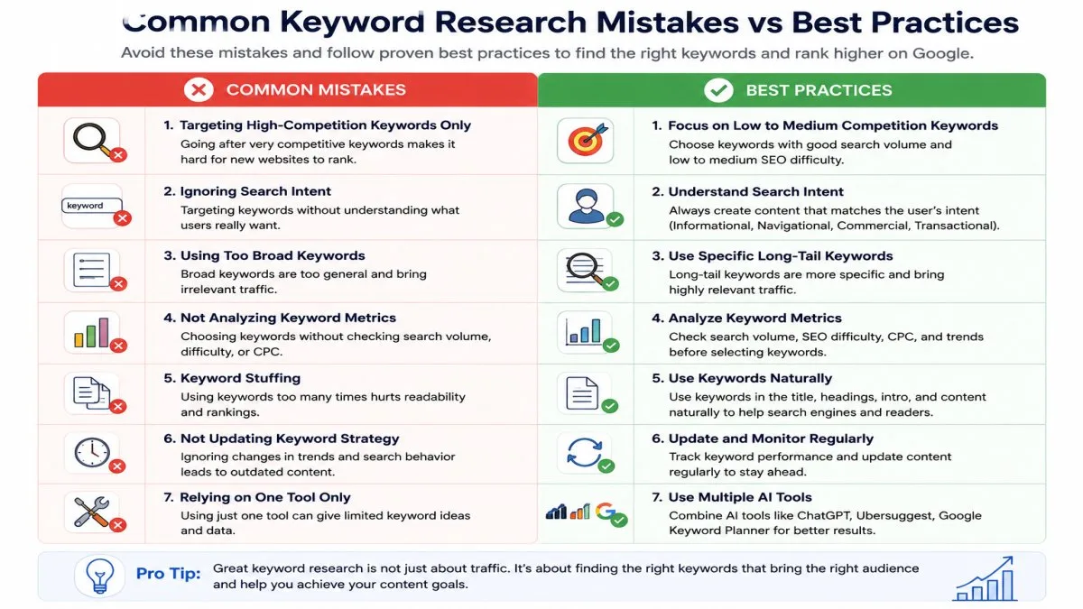 Common keyword research mistakes vs best practices infographic showing SEO tips, keyword strategy comparison, search intent, long-tail keywords, and AI keyword research workflow. | UseAiLearn