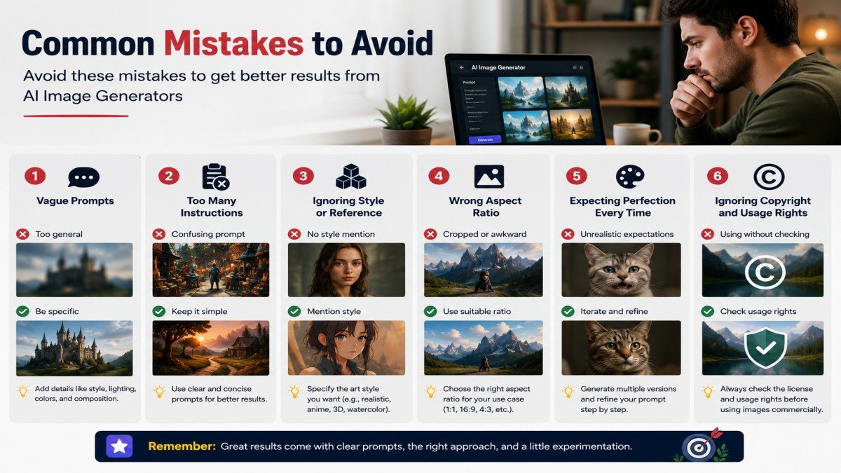 Common mistakes to avoid when using AI image generators, including prompt writing, style selection, aspect ratio, and copyright awareness. | UseAiLearn