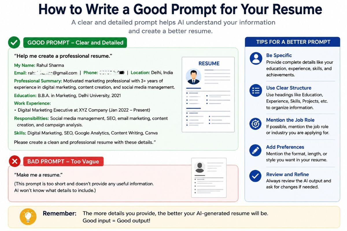 Comparison of a clear detailed AI resume prompt and a vague resume prompt | UseAiLearn