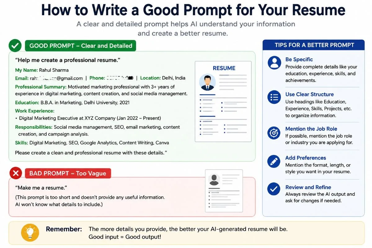Comparison of a clear detailed AI resume prompt and a vague resume prompt | UseAiLearn