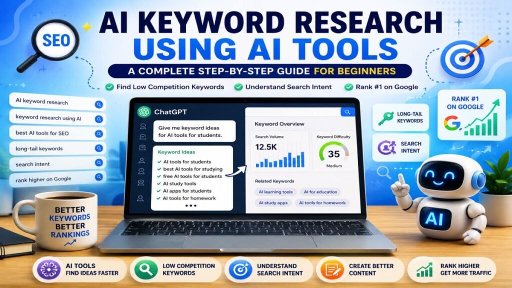 AI keyword research illustration showing a laptop with SEO dashboard, AI assistant robot, keyword analysis, search intent, and Google ranking elements for learning keyword research using AI tools. | UseAiLearn