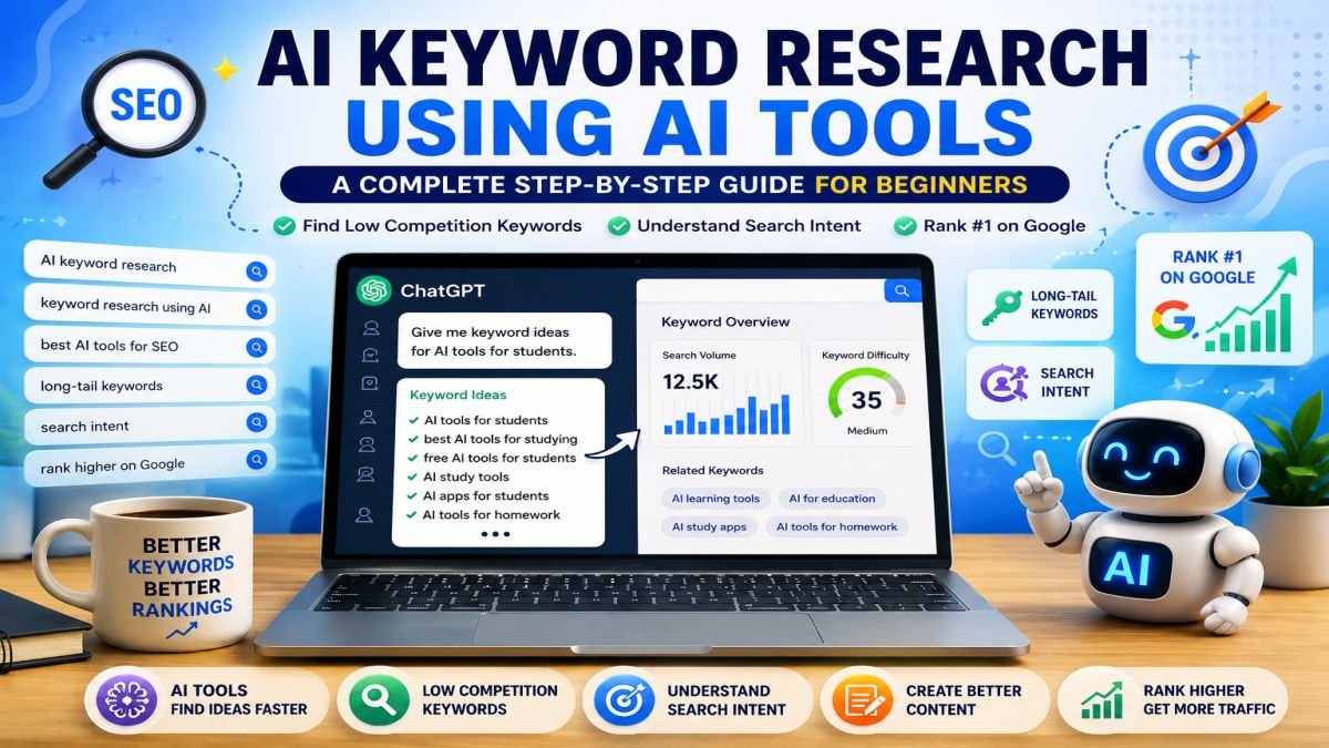 AI keyword research illustration showing a laptop with SEO dashboard, AI assistant robot, keyword analysis, search intent, and Google ranking elements for learning keyword research using AI tools. | UseAiLearn