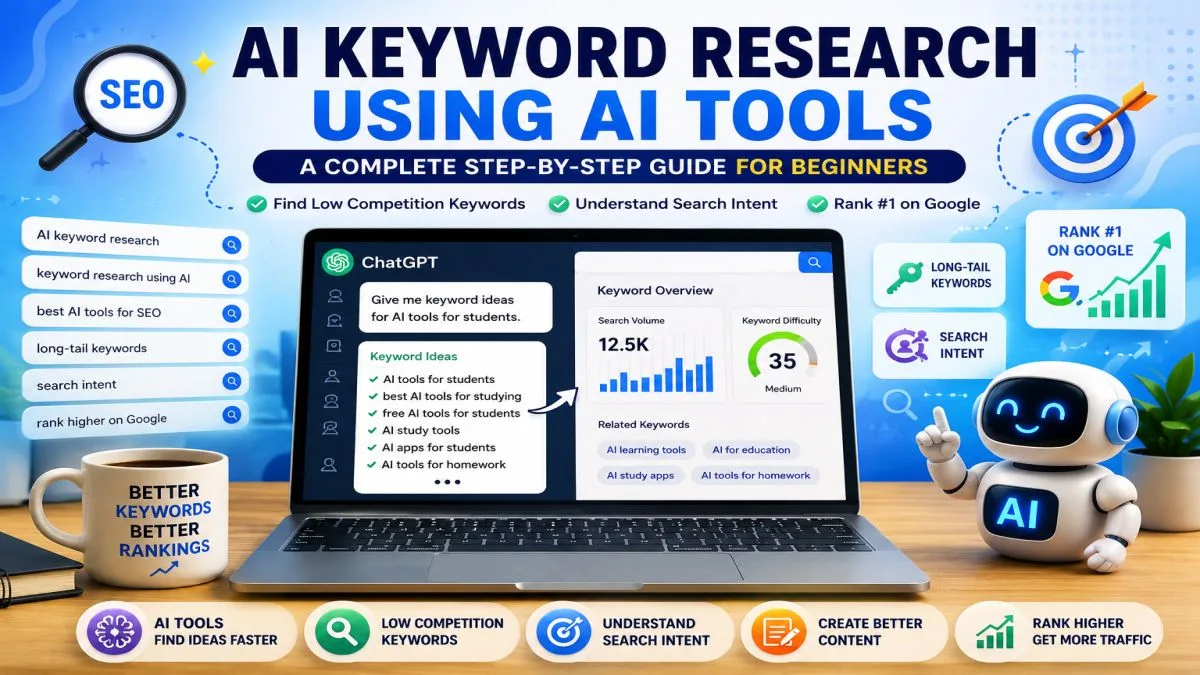 AI keyword research illustration showing a laptop with SEO dashboard, AI assistant robot, keyword analysis, search intent, and Google ranking elements for learning keyword research using AI tools. | UseAiLearn