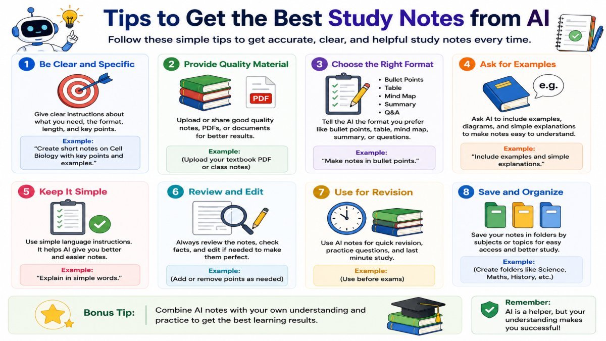Tips to get better study notes using AI tools, including clear prompts, quality study materials, simple formats, review, and revision | UseAiLearn