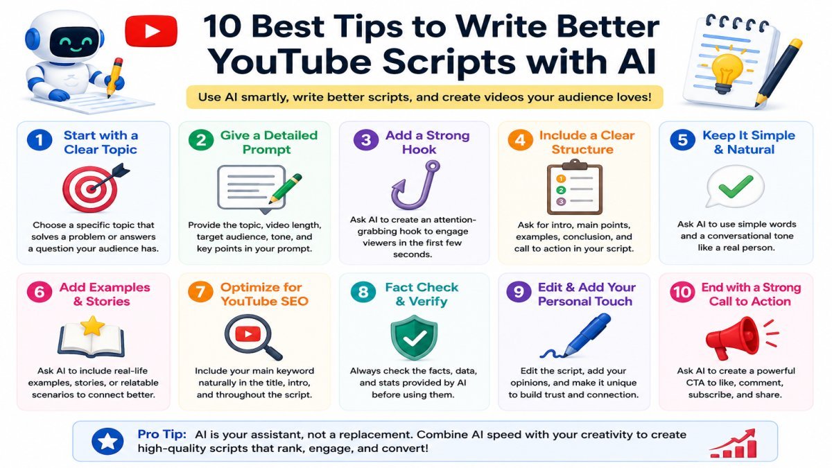 Tips to write better YouTube scripts with AI including clear prompts, strong hooks, fact checking, YouTube SEO, and personal editing | UseAiLearn