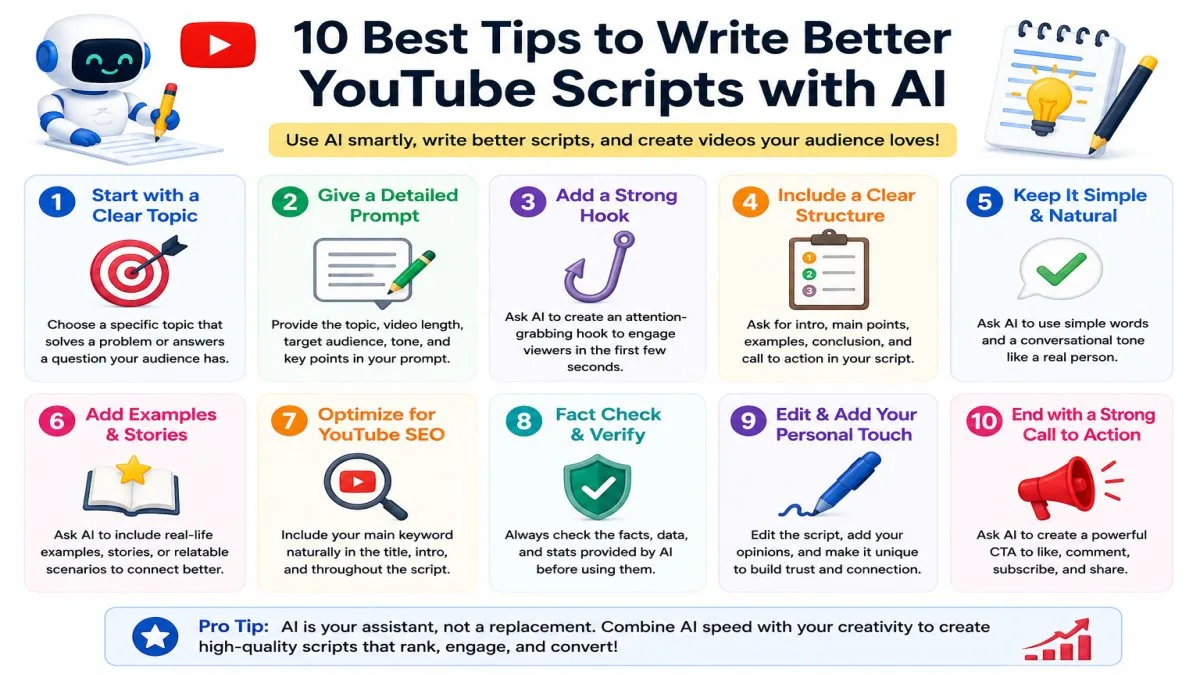 Tips to write better YouTube scripts with AI including clear prompts, strong hooks, fact checking, YouTube SEO, and personal editing | UseAiLearn