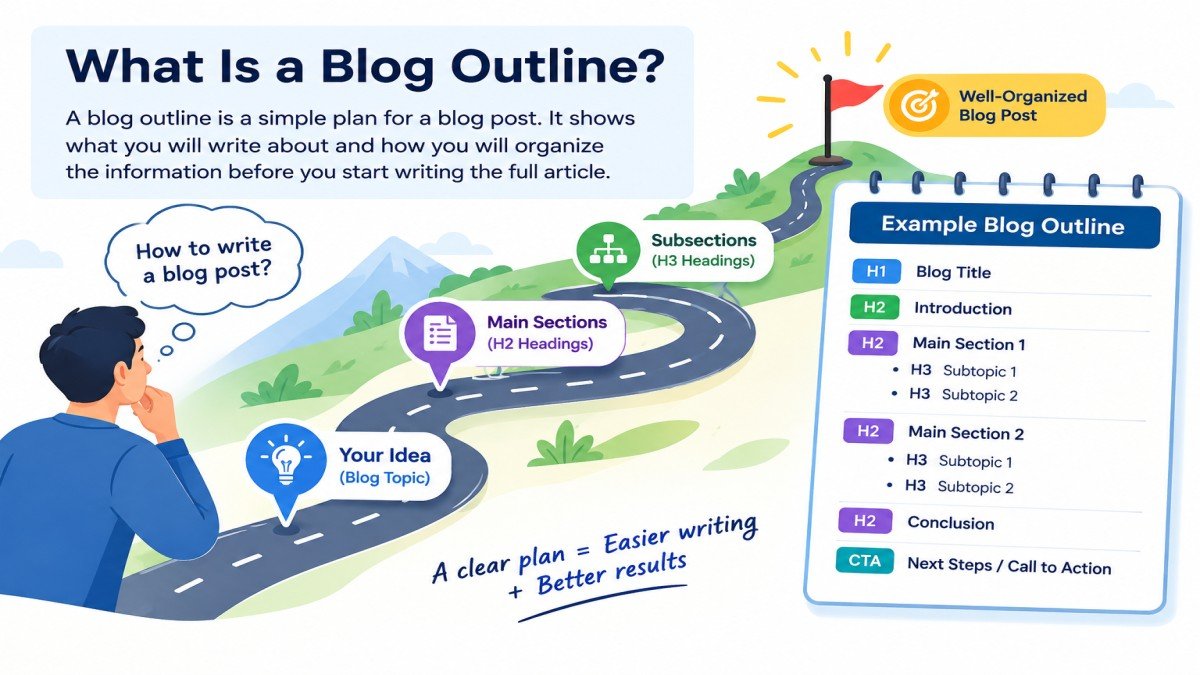 Blog outline roadmap showing topic, main sections, subsections, and organized blog post | UseAiLearn